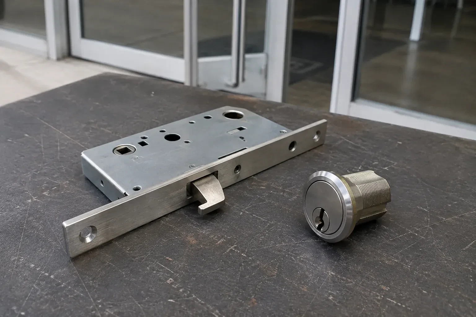 Detached mortise lock body with a projecting hook-shaped bolt beside a threaded cylinder. — Commercial-Grade Lock Replacement, Caledon