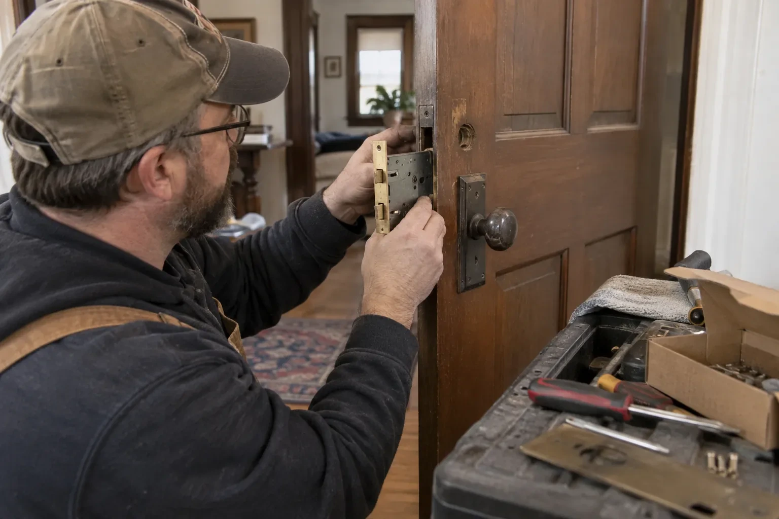 Technician in a cap fitting a black mortise lock case into the edge of a wooden door beside an old knob plate.