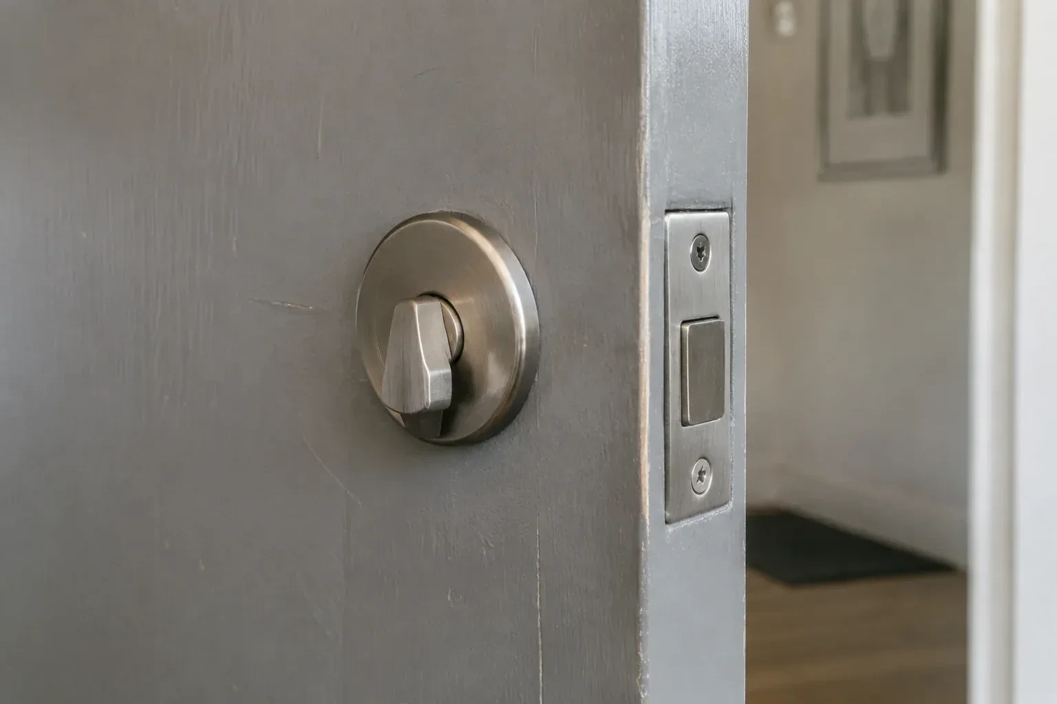 Close view of a satin-nickel deadbolt thumbturn and edge faceplate on a painted timber door. — Deadbolt Installation, Caledon