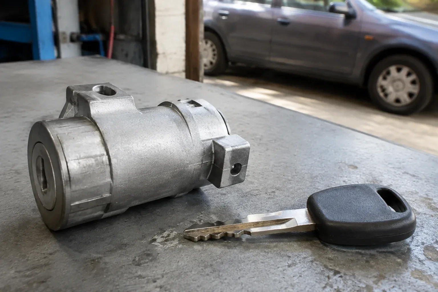 Detached cylindrical lock housing and black-headed key on an automotive workbench. — Ignition Lock Repair, Caledon
