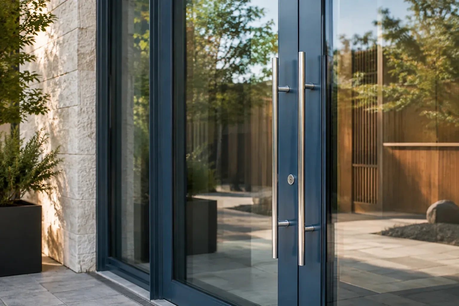 Dark-framed glass entrance doors with long silver-colored vertical pull handles and a round keyhole. — Business Lockout Service, Caledon
