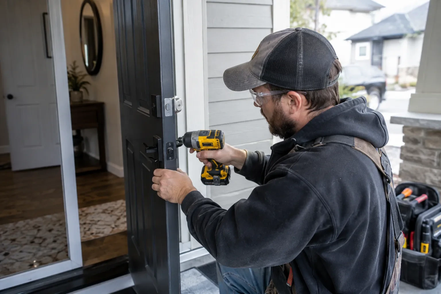 Technician in a cap and clear glasses holding a yellow impact driver at the latch edge of a black door. — Erin