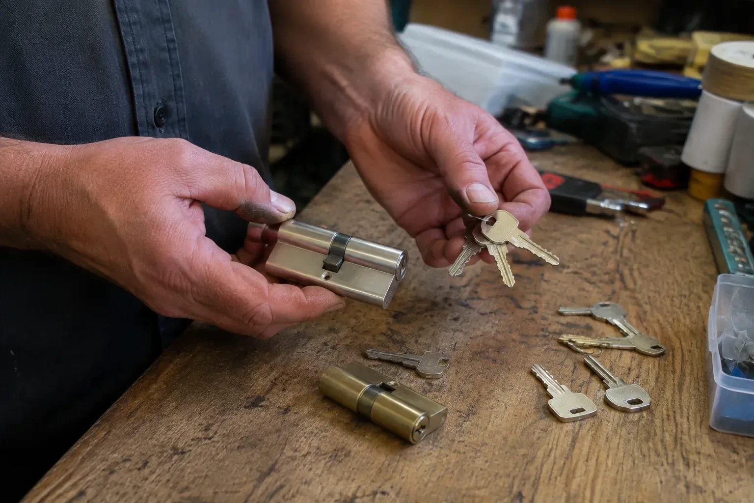 Hands holding a lock cylinder and a ring of keys above a worn workbench with another cylinder and loose keys. — Lock Rekeying, Caledon
