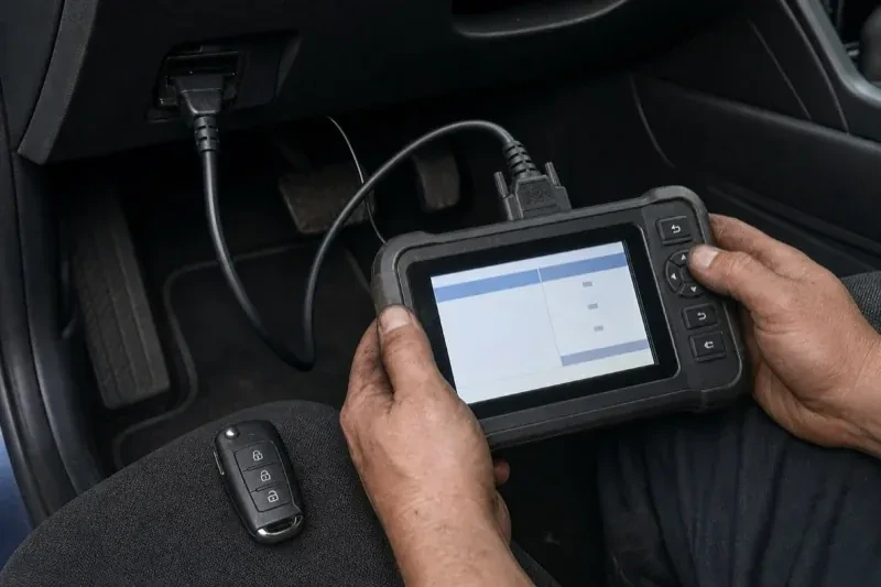 Hands holding a diagnostic tablet connected beneath a car dashboard, with a key fob resting on the person’s leg. — Key Fob Programming, Caledon