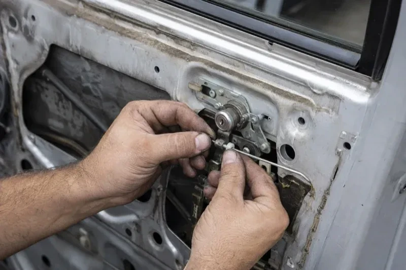 Hands holding a small linkage beside an exposed car-door lock mechanism with the interior trim removed. — Vehicle Lock Repair, Caledon