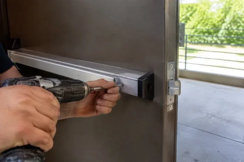 Hands using a power driver at the end of a horizontal push bar on an open metal door. — Panic & Exit Hardware, Caledon