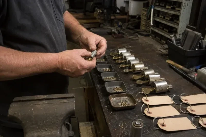Person handling a lock cylinder at a workbench lined with cylinders, keys, small pin trays and blank key tags. — Commercial Rekeying, Caledon