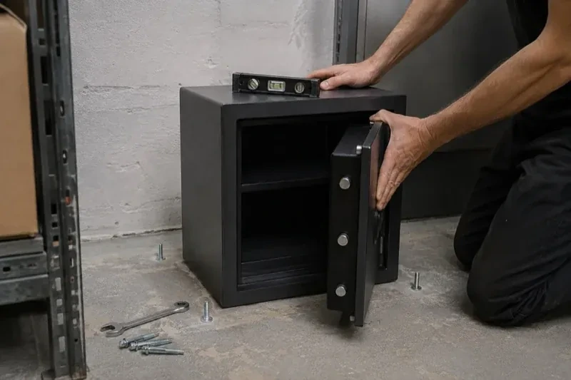 Person kneeling beside an open black safe with a spirit level on top and loose bolts and a wrench on the concrete floor. — Safe Installation & Servicing, Caledon