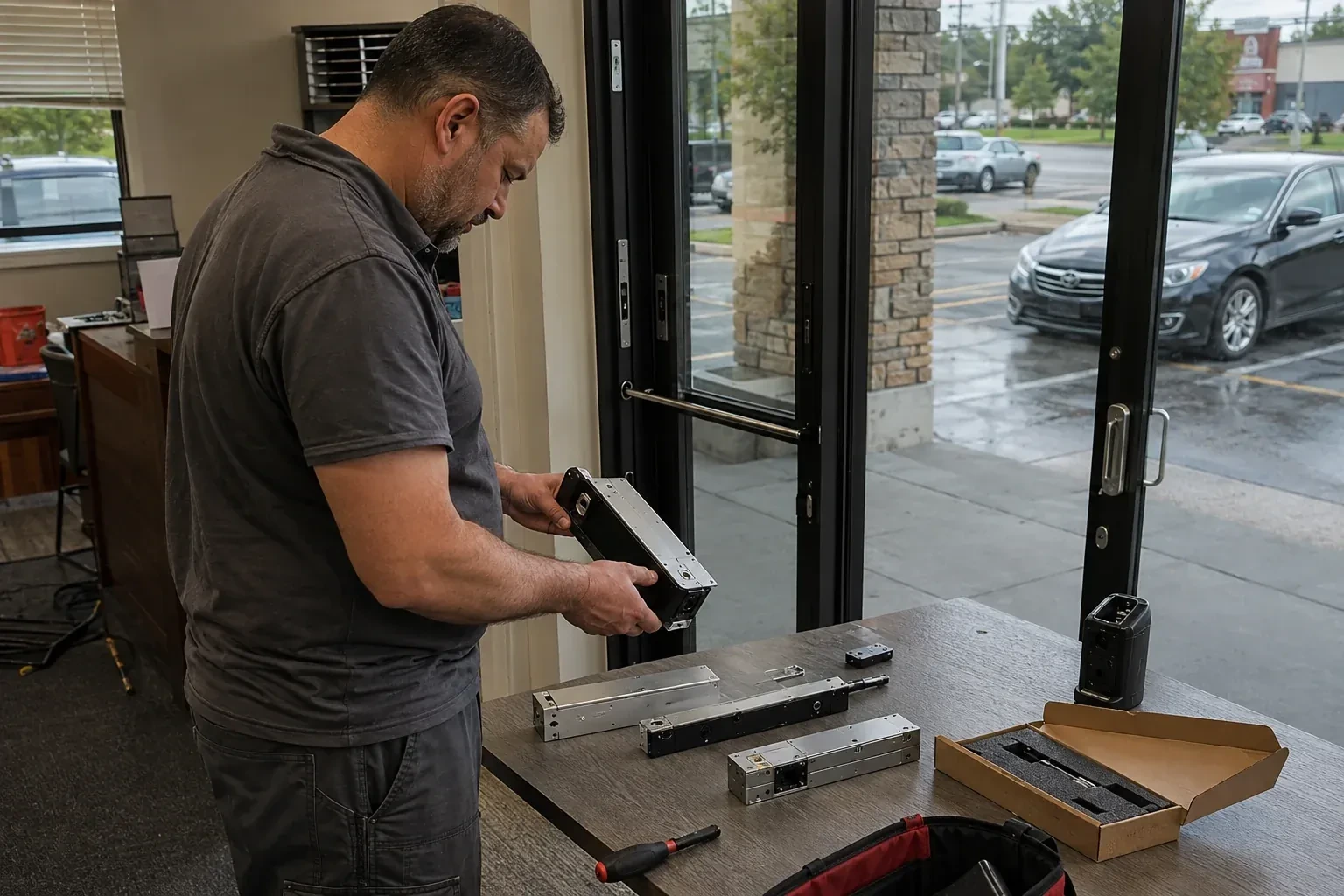 Person holding a rectangular door-hardware housing at a table with additional metal assemblies beside a glass entrance. — Access Control Installation, Caledon