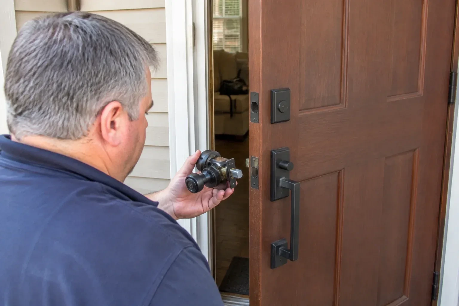 Person holding a removed black lock assembly beside a partly open brown front door with a long black pull handle. — Home Lockout Service, Caledon