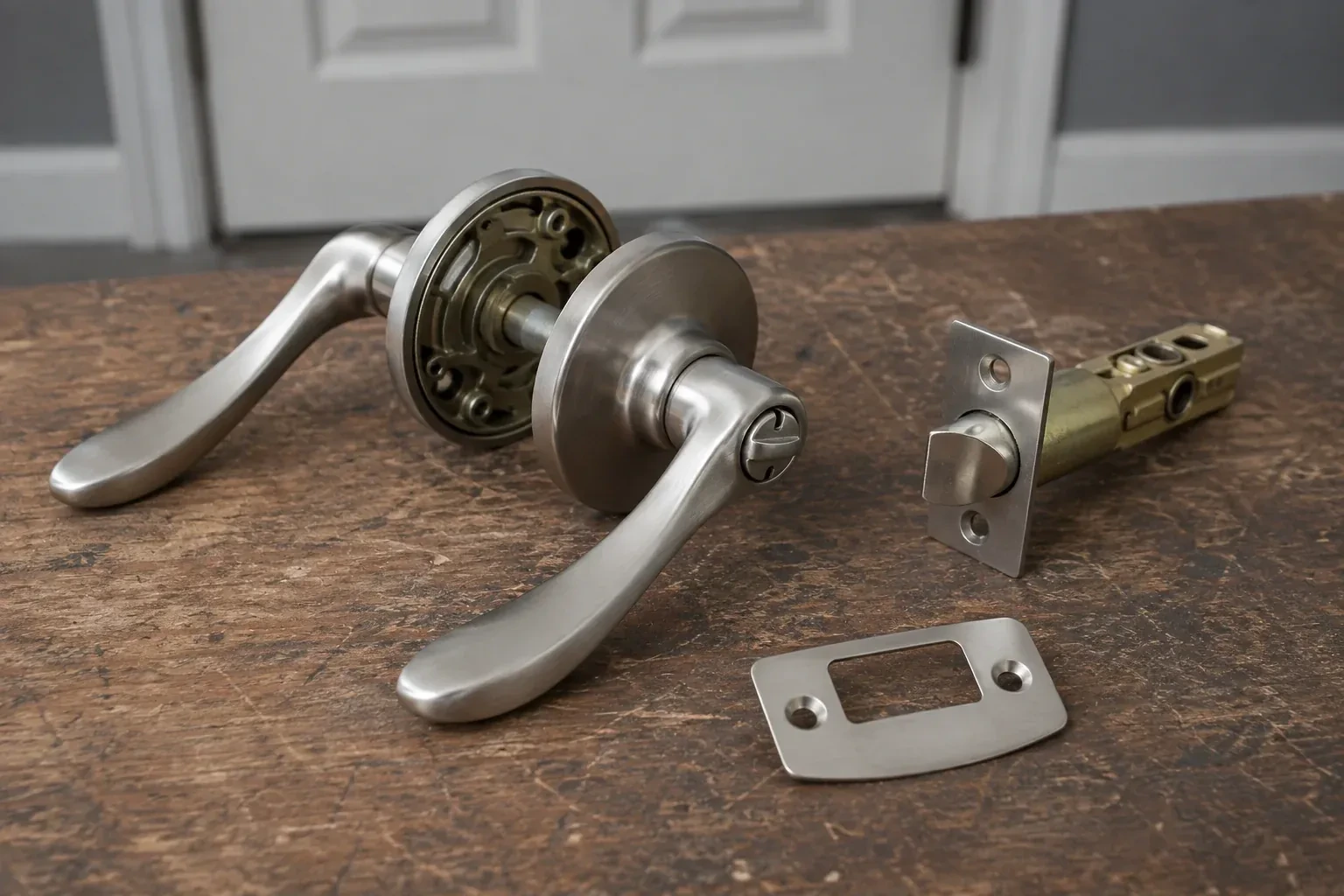 Detached satin-nickel lever hardware, tubular latch and strike plate on a wooden workbench. — Lock Replacement & Upgrade, Caledon
