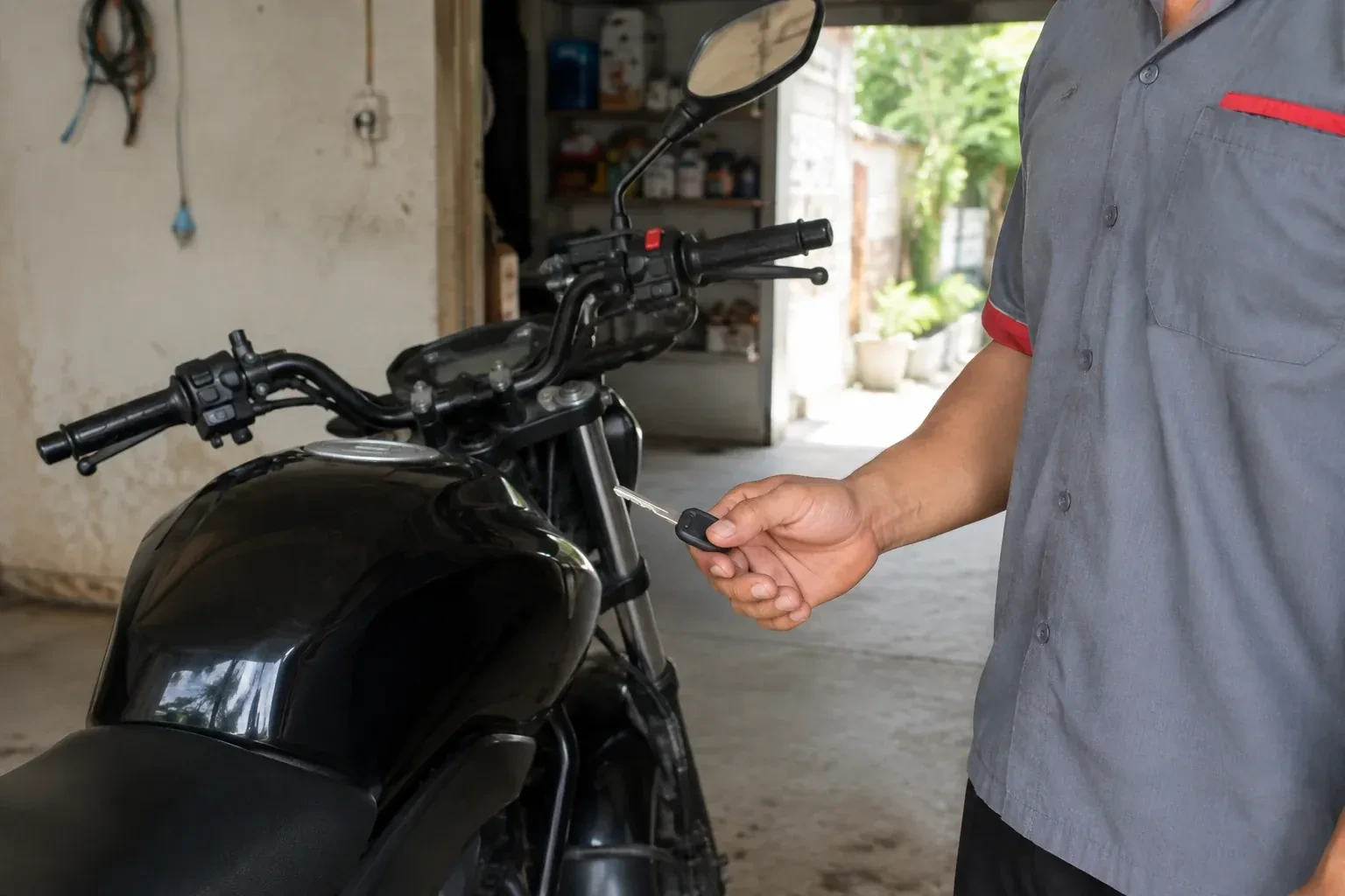 Technician holding a black-headed key beside a parked motorcycle. — Motorcycle & Scooter Keys, Caledon