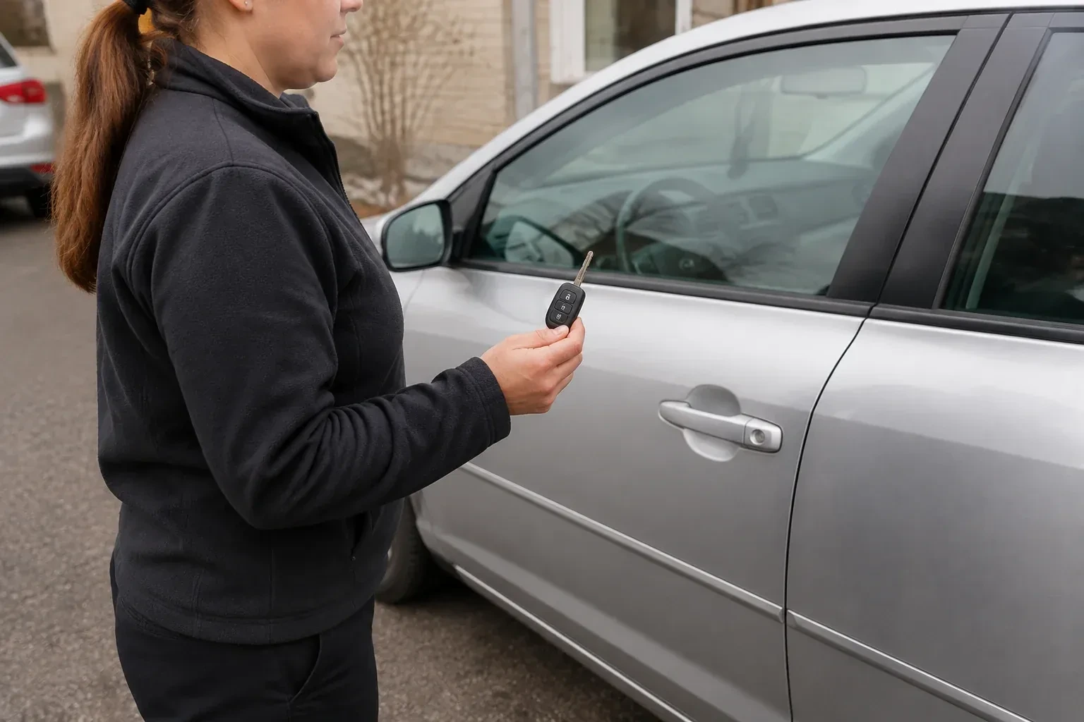 Technician holding a remote key with an extended blade beside a silver car. — Car Key Replacement, Caledon