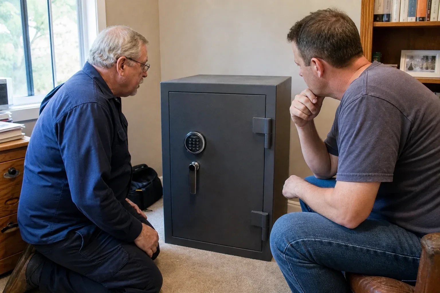 Two adults discussing a closed keypad safe in a home study. — Safe Opening & Combination Change, Caledon