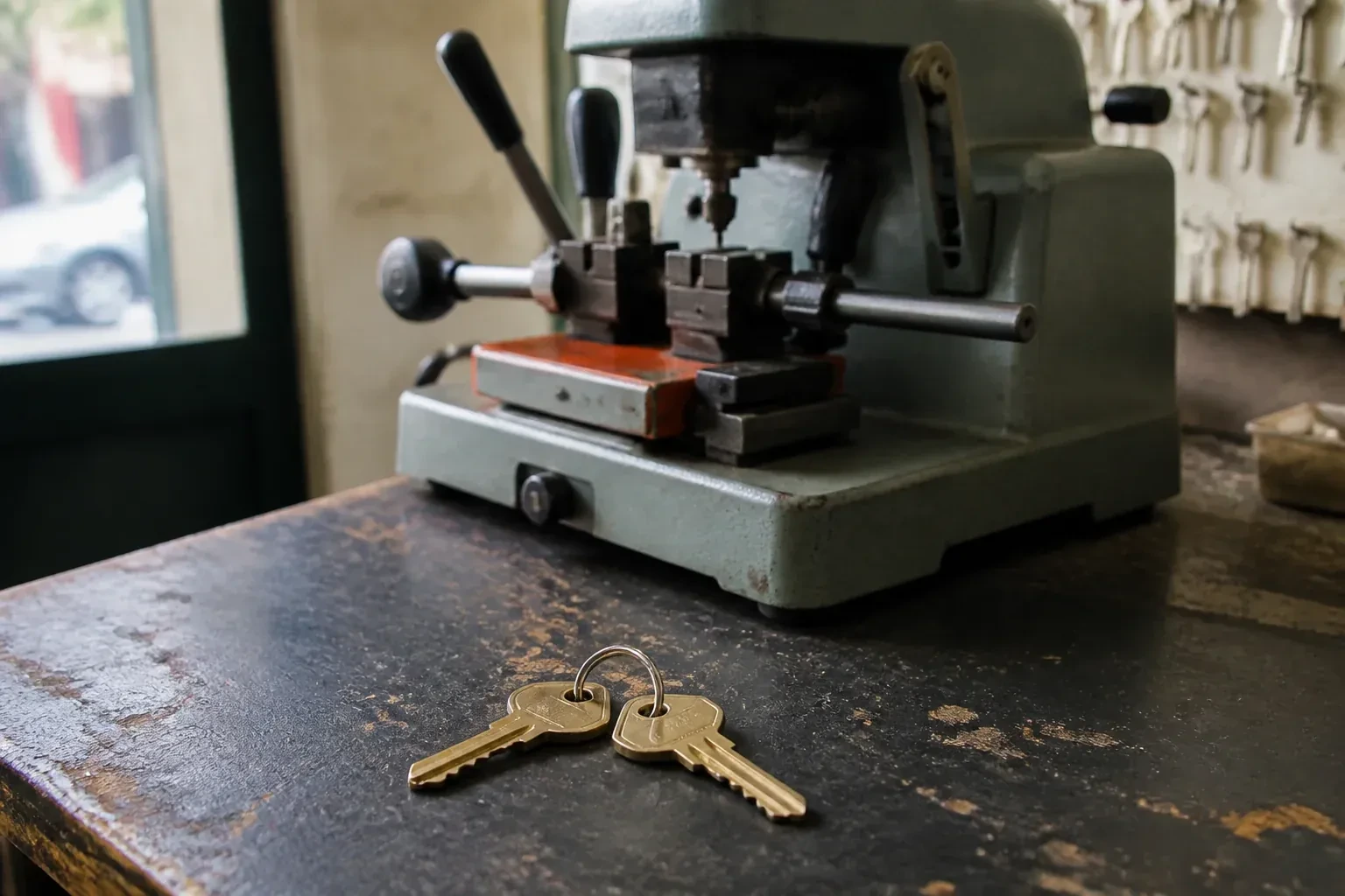Two brass house keys on a ring resting on a workshop counter. — Spare Car Key Duplication, Caledon