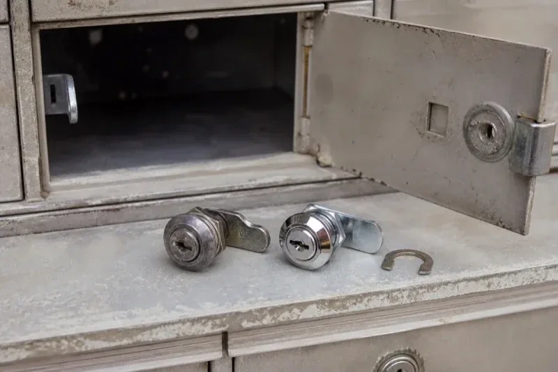 Two loose cam locks and a retaining clip resting below an open metal mailbox compartment. — Mailbox Lock Replacement, Caledon
