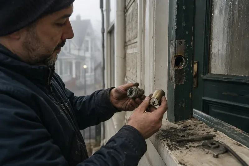 Person holding two lock cylinders beside an open painted door, with loose hardware and debris on the sill. — Seized & Jammed Lock Opening, Caledon